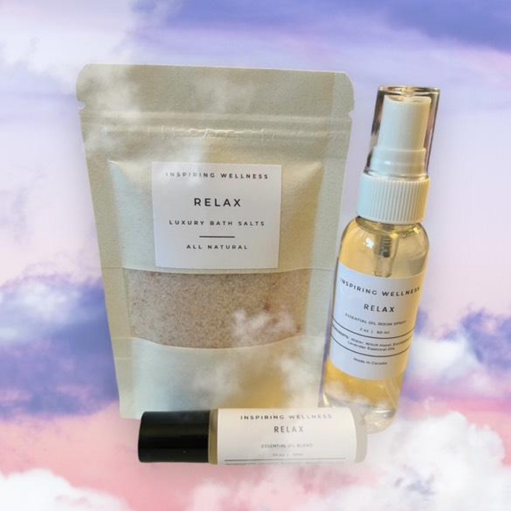 Relax wellness bundle Essential oils rollerballs, bath salts,  relax spray.